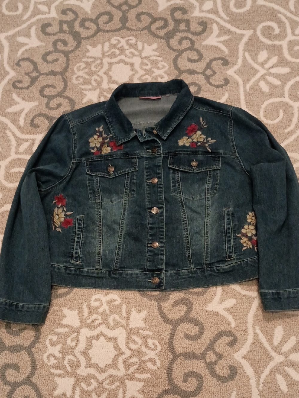 Woman Within Dark Blue Denim Jacket with Red & Cream Floral Embroidery